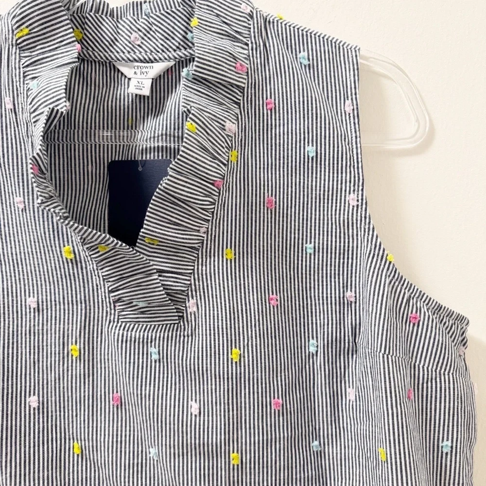 Crown & Ivy Striped Ruffle Neck Sleeveless Top - Size XL - Picture 2 of 7